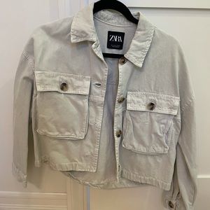 Zara light green denim cropped utility jacket